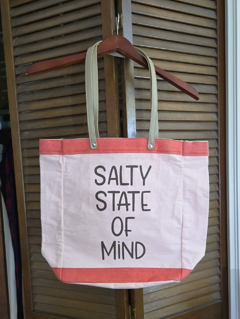 Source Unknown Pink Tote with Coral Trim and Tan Straps